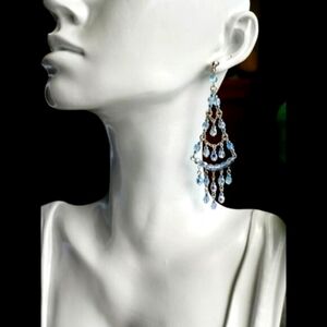Vintage Czech beaded shoulder duster chandelier earrings light blue